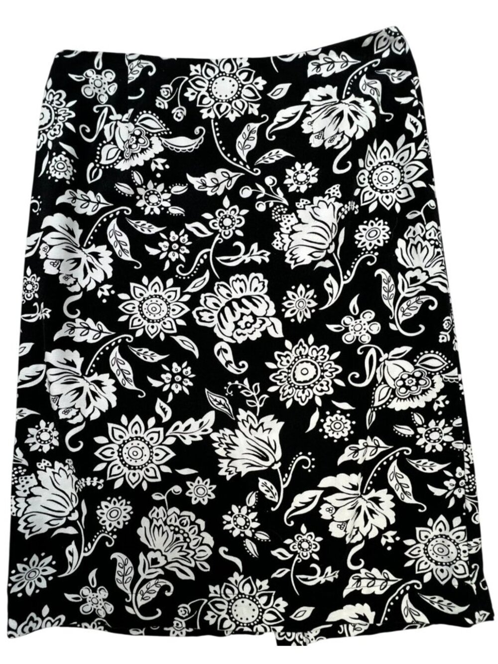 Talbots Women's Back Zip A-Line Midi Skirt Size 10 Black White Floral Back Slit
